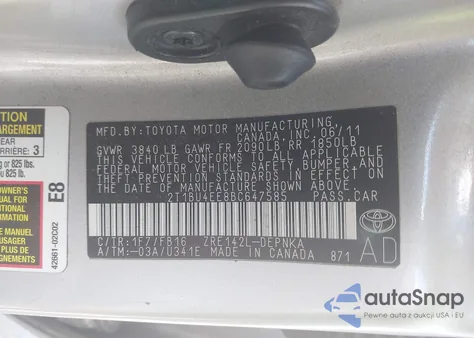 2011 Toyota Corolla Le from USA, damaged, VIN 2T1BU4EE8BC647585